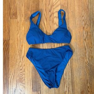 Andie Bikini Set Delray Top 90s High Waisted‎ Bottom Ribbed Bijou Blue sz S NWOT